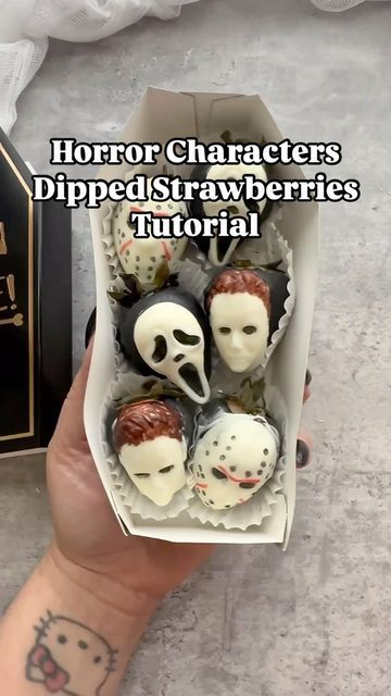 Johany Torres on Instagram: "Horror Characters Chocolate Dipped Strawberries Tutorial ⚰️🍓🖤

What you’ll need: 

🖤12 oz bag of Black Sweet Shop candy melts @sweetshopbaking from @joann_stores 
🖤6 oz White Candy melts 
🖤 Pack of Strawberries 🍓 
🖤 Black-Spooky Sweet oil based food coloring set from @sweetapolita (Link in bio)
🖤Edible Markers (linked in my Amazon store 🔗bio) 
🖤Horror Characters Mold from @shapedicemolds used code: Joscakes10 to save! Link in bio! 
🖤Coffin ⚰️ treat boxes from @walmart 
🖤Mini cupcake liners 
🖤Toothpicks (for easy dipping) 
🖤 Haunted Hallows Tea Spoon from @livelyghosts 
*Optional: Piping bag to add your white chocolate for easier way to fill the horror mold or just use a spoon. 

Directions: 
Start by washing and prepping your strawberries.  Add to Coffin Treat Boxes, Coffin Treats, Edible Markers, Oil Based Food Coloring, Coloring Set, Dipped Strawberries, Homemade Candy, Mini Cupcake, Piping Bag