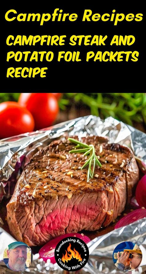 Steak w Cowboy Butter Foil Packet Recipe Potato Foil Packets, Bbq Baked Potatoes, Foil Packet Recipes, Baked Potato Recipe, Foil Packet Potatoes, Grilled Cod, Chicken Foil Packets, Foil Packet Meals, Foil Packet