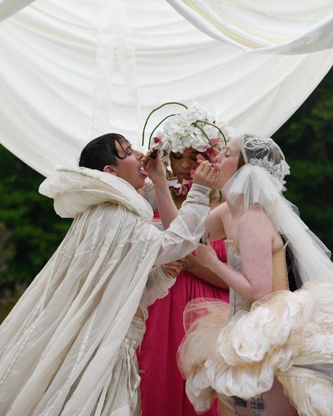 “We didn’t have any restrictions for our wedding party or guests, although the dress code was: ‘Try to outdress us,’” @hi_its_bobbi shares. Quori (@q_u_o_r_i) walked the aisle first across the lush lawn, followed by Bobbi running the aisle, bells jingling. “Tourmaline was officiating and received us both at the dock and making her introduction,” they share. “We worked with her for two months weekly to go through the spiritual and ritual aspects of the ceremony, asking questions like, ‘What ar... Rave Wedding, Miss Claire, Michael Bennett, Catskills Wedding, Lush Lawn, Couple Dress, Vogue Australia, Fashion Friends, Woodland Wedding