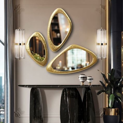 Gold Metal Frame Oblong Wall Mirror (Set of 3) - 38.5" H x 20" W x 0.98" D - On Sale - Bed Bath & Beyond - 40011094 Cream Living Room Decor, Asymmetrical Wall, Cream Living Rooms, Wall Mirrors Set, Gold Mirror Wall, Gold Wall, Framed Mirror Wall, Mirror Set, Gold Walls