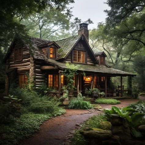 Wooden Cabin In Forest, Fantasy Cabin In The Woods, Dark Wood Cottage, House In The Forest Nature, Tile Fireplace Ideas, Homes In The Woods, Black Tile Fireplace, Big Cabin, Fireplace Tv Wall Decor