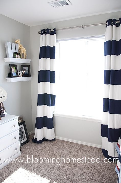 Striped Curtains {How To} - Blooming Homestead --- To put on the floor to ceiling window in the eat in kitchen area! Maybe different color though... Draps Design, Nautical Room, Nautical Bedroom, Striped Curtains, Nursery Curtains, Boy Bedroom, Big Boy Room, Boys Bedrooms, Baby Boy Rooms