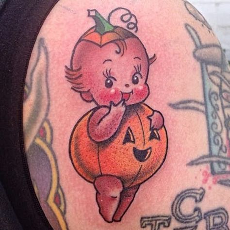 Kewpie Horror Tattoo, Cute Frankenstein Tattoo, Halloween Kewpie Tattoo, Devil Baby Tattoo, Kitschy Tattoo, Cupie Doll Tattoo, Pumpkin Pie Tattoo, Traditional Pumpkin Tattoo, Cute Pumpkin Tattoo