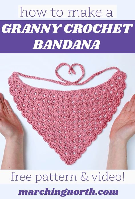 Learn how to make this adorable crochet bandana with a fun, lacy grany triangle pattern in this step by step tutorial and video! | free crochet patterns | crochet bandana pattern | summer crochet ideas | cotton yarn crochet | crochet aesthetic | cottage core ideas Triangle Headband Crochet, Crochet Hair Cover Free Pattern, Quick Crochet Applique, Crochet Patterns Triangle, Crochet Headband Triangle, Headkerchief Crochet Pattern, Floral Bandana Crochet Pattern, Triangle Bandana Crochet, Crochet Hair Bandana Pattern Free