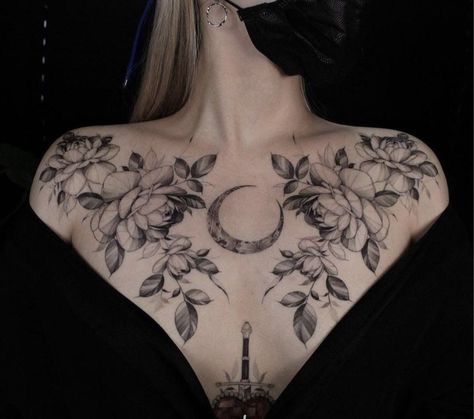 Nature Themed Thigh Tattoos, Witchy Chest Piece Tattoo, Linework Neck Tattoo, Luna Moth Chest Tattoo Female, Gothic Cottagecore Tattoo, Collar Bone Chest Tattoo, Flowers On Chest Tattoo, Asymmetrical Chest Tattoo, Chest Bone Tattoo