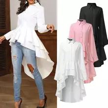 Asymmetrical Tunic Tops Women's Blouse Spring Chemise Fashion VONDA Solid Long Sleeve Shirt Female Sexy Split Blusas Oversized|Blouses & Shirts| - AliExpress Women Ruffle Blouse, Casual Elegant Style, Women Blouses Fashion, Spring Blouses, Asymmetrical Blouse, Hem Blouse, Elegant Casual, Irregular Hem, Elegant Blouses