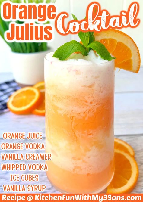 This Orange Julius Cocktail is a refreshing layered adult beverage made with Orange and whipped Vodka, flavored syrup, OJ, and creamer. Orange Julius Cocktail Recipe, Orange Julius Cocktail, Orange Julius Smoothie, Orange Julius Recipe, Whipped Vodka, Vodka Ice, Whipped Cream Vodka, Orange Vodka, Orange Syrup