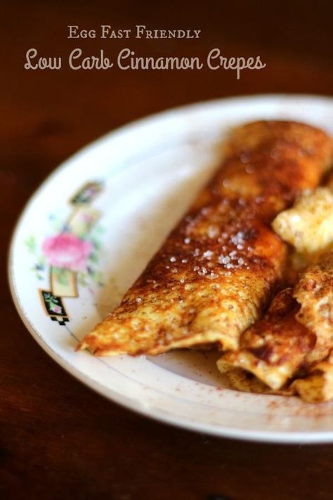 Low Carb cinnamon crepes can be eaten on an egg fast. One of my favorite breakfasts! From Lowcarb-ology.com Cinnamon Crepes, Crêpe Recipe, Low Carb Sandwich, Egg Fast Diet, Egg And Grapefruit Diet, Keto Egg Fast, Egg Fast, Boiled Egg Diet Plan, Keto Pancakes