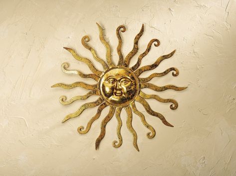 Shimmering Metal Sun Wall Décor Gold Sun Wall Decor, Sun Bathroom, Manifesting Good Things, Balance Abstract, Greek Bedroom, Metal Sun Wall Art, Balance Stones, Starburst Wall Art, Greek Home Decor