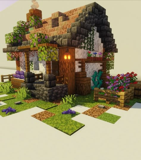 A small house in minecraft. The roof is made of copper steps, and there is a garden with flowers around Small House Builds Minecraft, Minecraft House With Copper Roof, Minecraft House Front Ideas, Minecraft Small Cottagecore House, Minecraft Green Terracotta House, Mc Bee House, Cool Small Minecraft Houses, Flower Cottage Minecraft, Minecraft Building Ideas Small House