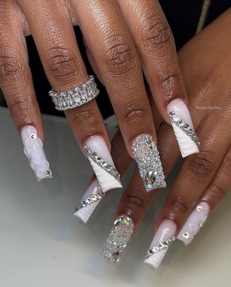 Nail Designs Bling, Fye Nails, Bday Nails, Tapered Square Nails, Gel Toe Nails, Nails Coffin Short, Hard Nails, Diy Acrylic Nails, White Acrylic Nails