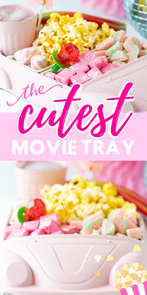 Movie Night Tray Ideas, Barbie Movie Night Snacks, Ladies Movie Night Ideas, Barbie Movie Snacks, Mean Girls Movie Night, Movie Night Tray, Movie Night Snack Bar, Movie Snack Tray, Movie Night Snack Tray