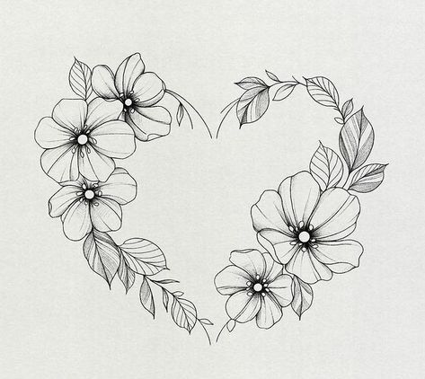 Flower Hearts Tattoo, Flowers Heart Tattoo, Heart And Flower Tattoo Designs, Flower Heart Tattoo Designs, Heart Tattoo With Dates, Heart Floral Tattoo, Sunflower Heart Tattoo, Floral Heart Tattoo Design, Tattoo Sleeve Floral