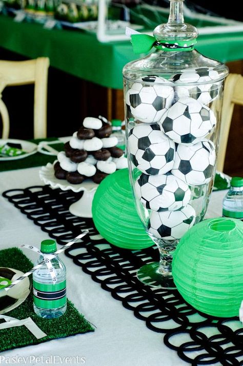 soccer themed bar mitzvah center piece | Soccer balls in apothecary / black & white ... | Themed Events- Bar ... Soccer Centerpieces, Soccer Baby Showers, Soccer Center, Party Centerpieces Diy, Soccer Banquet, Soccer Theme Parties, Soccer Decor, Soccer Birthday Parties, Banquet Ideas