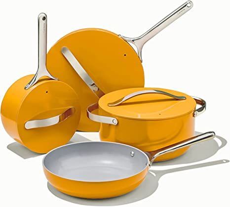 Caraway Nonstick Ceramic Cookware Set (12 Piece) Pots, Pans, Lids and Kitchen Storage - Non Toxic, PTFE & PFOA Free - Oven Safe & Compatible with All Stovetops (Gas, Electric & Induction) - Marigold Non Toxic Cookware, Ceramic Cookware Set, Kitchen Cookware Sets, Nonstick Cookware Sets, Ceramic Cookware, Amazon Decor, Popular Kitchens, Pots And Pans Sets, Nonstick Cookware