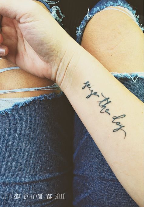 Seize the day.  Handlettered tattoo by Laynie and Belle. Seizures Non Epileptic Tattoos, Seizures Tattoo Ideas, Seize The Day Tattoo, Epileptic Tattoo Ideas, A7x Tattoo, Funny Small Tattoos, Darkside Tattoo, Side Thigh Tattoos, Survivor Tattoo