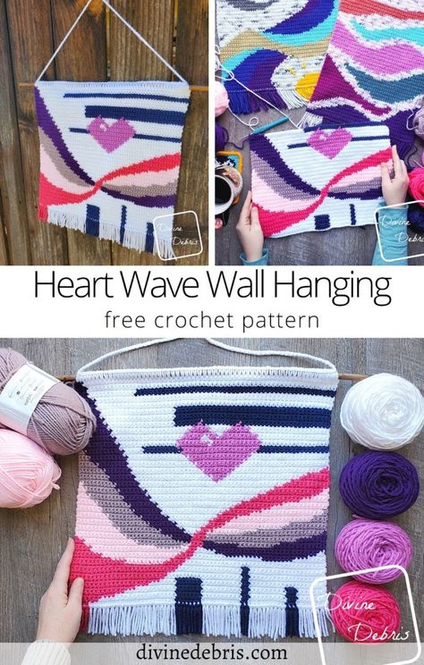 Wall Hanging Crochet, Heart Wave, Hanging Crochet, Tapestry Pattern, Wave Wall, Crochet Decor, Crochet Wall Hangings, Creative Crochet, Knit Stitches