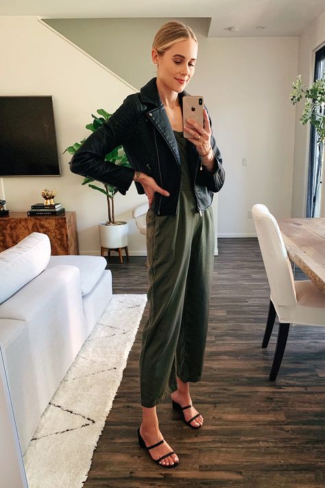 Fashion Jackson Wearing Abercrombie Black Faux Leather Jacket Olive Green Jumpsuit Black Sandals Olive Green Jumpsuit Outfit, Green Jumpsuit Outfit, Jeans Heels Outfit, Olive Green Jumpsuit, Plaid Skirt Outfit, Walking Trousers, Jeans Outfit Women, Heels Outfits, Black Faux Leather Jacket