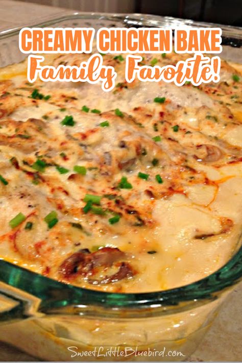 Creamy Chicken Bake - Family Favorite Recipe! Creamy Chicken Bake, Baked Chicken Casserole, Creamy Chicken Casserole, Creamy Chicken Recipes, Pasta Bakes, Oven Chicken Recipes, Bake Easy, Chicken Entrees, Chicken Bake