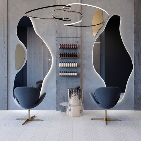 Women's Beauty Salon Design, Salon Mirror Decor, Unique Salon Design, Salon Mirror Design, Hair Shop Ideas Interior Design, Cosmetic Salon Interior, Luxury Salon Design, Luxury Salon Interior Design, Interior Beauty Salon