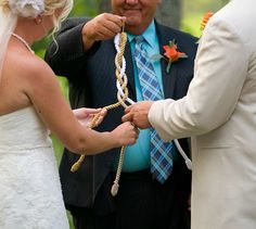 God's knot. "And if one prevail against him, two shall withstand him; and a three-fold cord is not quickly broken." (Ecclesiastes 4:10) The couple will braid three different colored strands together to symbolize the unity of God, husband, and wife. Unity Candle Ceremony, Cord Of Three Strands, Unity Ceremony, Wedding Unity, Unity Candle, Christian Wedding, Wedding Vows, Budget Wedding, Wedding Tips