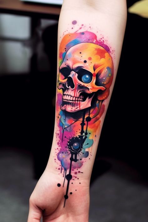 Colourful Skull Tattoo, Graffiti Art Tattoo Ideas, Large Colorful Tattoos, Vibrant Color Tattoos, Colored Skull Tattoo, Color Tattoo For Men Arm, Skull Color Tattoo, Color Forearm Tattoo, Bright Color Tattoo