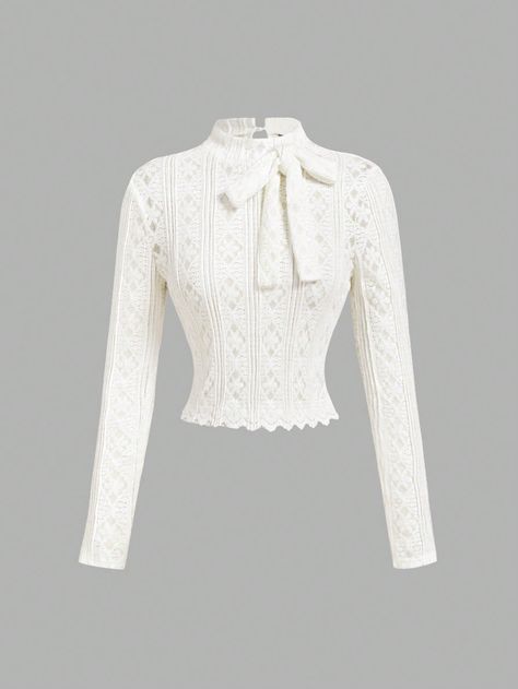 Maglietta bianca retrò con pizzo e fiocco, top con maniche, top color albicocca Albicocca Casual  Manica lunga Tessuto in maglia Colore unico  Alto Elastico  Women Clothing, size features are:Bust: ,Length: ,Sleeve Length: Lace Bows, Long Sleeve Knit, White Tops, White Tshirt, T Shirt Top, Womens Tees, Womens Tops, T-shirt, Sleeve Length