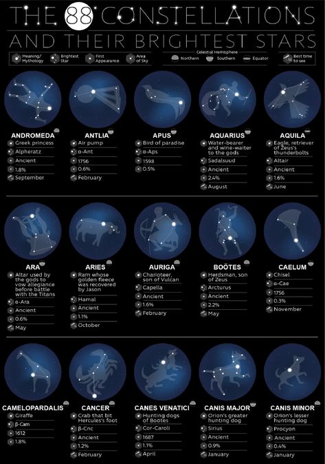 Constellation Names and Meanings – All 88 Constellations Explained - Astronimate Star Meaning, Stars Astronomy, Stars Constellations, Sistem Solar, Astronomy Facts, Astronomy Constellations, Astronomy Science, The Constellations, Space Facts