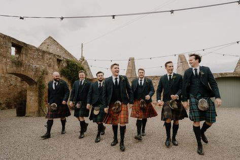 Matching tweeds and an array of tartan, we loved seeing this colourful celebration of tartan on Calum and Kathryn’s wedding day! There’s no feeling quite like getting your groom’s party together and paying homage to your clan colours. Simply opt for matching tweeds and wedding party coordination is a breeze! If you’re looking to get your best guys kilted up, make sure to stop by our stand at the @scottishweddingshow this weekend. Chat to our stylists about all things highlandwear, discove... Groomsmen Kilts, Groom Kilt, Mismatched Groomsmen, Kilt Wedding, Kilt Outfits, Groomsmen Photos, Laser Hair Removal Device, Scotland Wedding, Groom Getting Ready