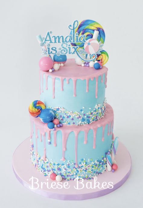 Pink And Blue Cake Ideas, Jollibee Cake Design Ideas, Pink And Blue Birthday Cake, Pastel Candyland Cake, Pink And Blue Drip Cake, Candy Inspired Birthday Cake, Candyland Cakes, Ice Cream Birthday Party Theme, Candyland Cake