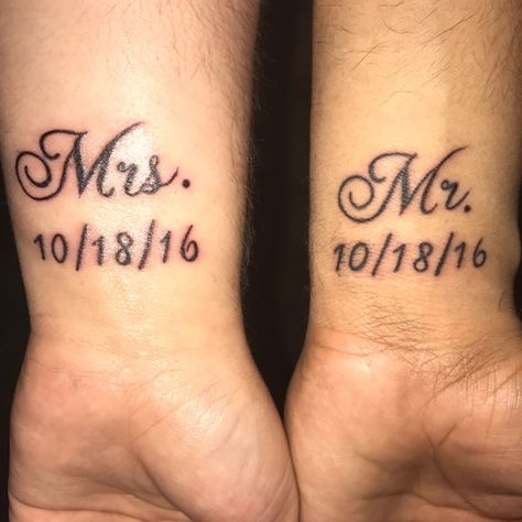 Just Married Tattoo Ideas, Anniversary Tattoos Marriage, Mr And Mrs Tattoos, Mrs Tattoo Ideas, Husband Tattoo Ideas For Wife, Him And Her Tattoos Couples, Matching Tattoos For Husband And Wife, Marriage Tattoos Husband Wife, Anniversary Tattoo Ideas Marriage