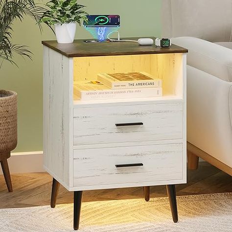 FREDEES LED Nightstand with Wireless Charging Station and Auto Lights, Smart Wooden Bedside Table, Night Stand with 2 Drawers and Open Shelf, End Side Table for Bedroom (White) (paid link) Rustic Bedside Table, Shelf Bedside Table, Side Tables For Bedroom, Nightstand With Charging Station, Rgb Lights, Wireless Charging Station, Wooden Bedside Table, Bedside Table Storage, Light Colours