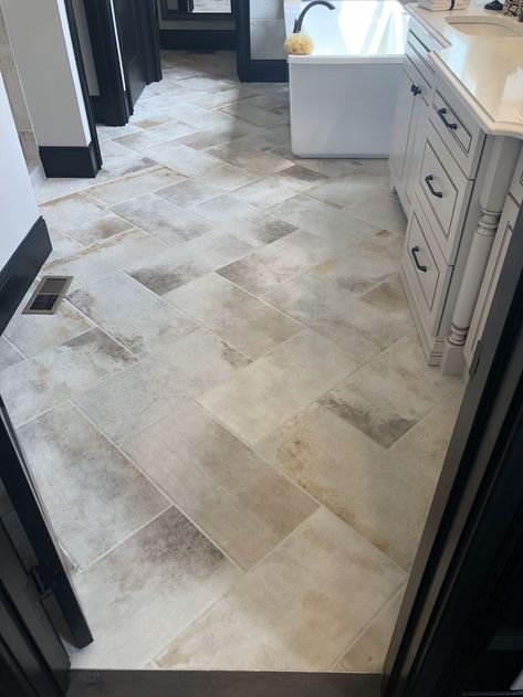 12x24 Tile Floor, Modern Kitchen Floor Tiles, Modern Kitchen Floor, Modern Kitchen Tile Floor, Tile To Wood Transition, Modern Kitchen Flooring, Kitchen Floor Tiles, Modern Kitchen Tiles, House Rehab