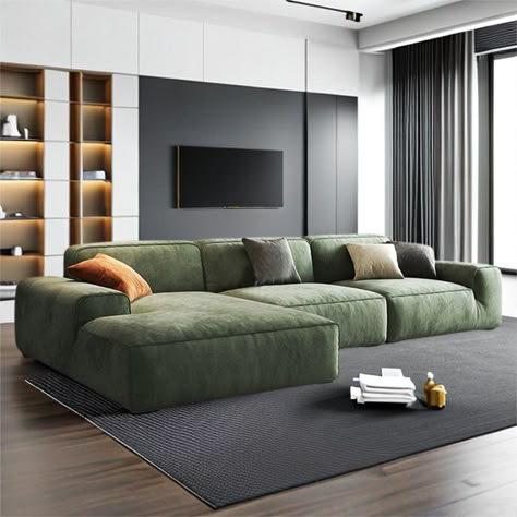 PULOSK TM673322313968PL&Size Upholstered Sectional | Wayfair Neutral Decorating Ideas, Italian Minimalism, Neutral Decorating, Green Sofa Living, Big Sofa, Autumn Living Room, Dnevna Soba, Neutral Fall Decor, Fabric Sectional Sofas