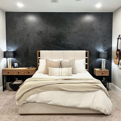 Masculine Bedroom Wallpaper, Textured Interior Walls, Black And Gold Accent Wall Living Room, Concrete Wallpaper Bedroom, Dark Wallpaper Bedroom Accent Wall, Black Wallpaper Bedroom Ideas, Room With Black Accent Wall, Dark Feature Wall Bedroom, Industrial Accent Wall