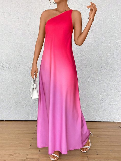 SHEIN Privé Women's Ombre One Shoulder Dress | SHEIN USA One Shoulder Maxi Dress, Women Long Dresses, Long Dresses, Womens Maxi Dresses, Moda Fashion, Dress P, Women Clothing, Woven Fabric, One Shoulder Dress