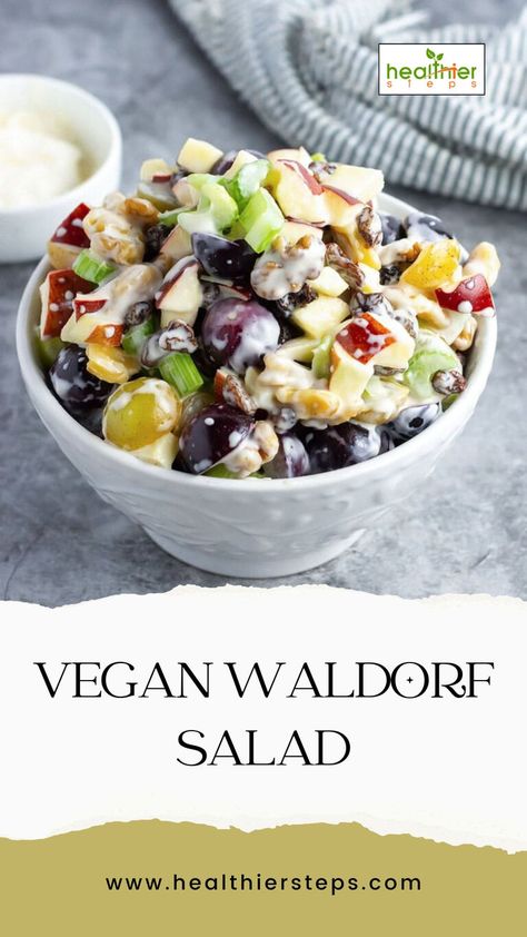 Vegan Waldorf Salad | Vegan Waldorf Salad Recipe Chickpea Waldorf Salad, Vegan Waldorf Salad, Waldorf Chicken Salad, Mayonnaise Dressing, Carrot Raisin Salad, Waldorf Salad Recipe, Creamy Salad, Vegan Coleslaw, Cucumber Avocado Salad