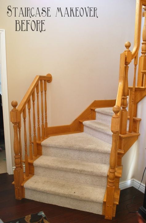 Oak Banister Makeover, Banister Makeover, Stained Staircase, Oak Banister, Stair Railing Makeover, Diy Staircase Makeover, Remodeling Hacks, Stairs Renovation, Stair Banister