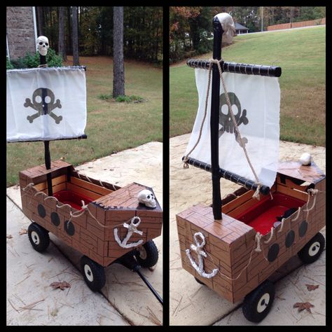 Pirate ship wagon. Awesome Halloween transportation for my nephew and his broken leg! Wagon Into Pirate Ship, Wagon Pirate Ship Diy, Diy Pirate Ship Wagon, Pirate Ship Wagon Halloween, Wagon Decorations For Parade, Pirate Ship Float Parade, Diy Pirate Ship Cardboard, Pirate Family Halloween Costumes, Family Pirate Costumes Ideas