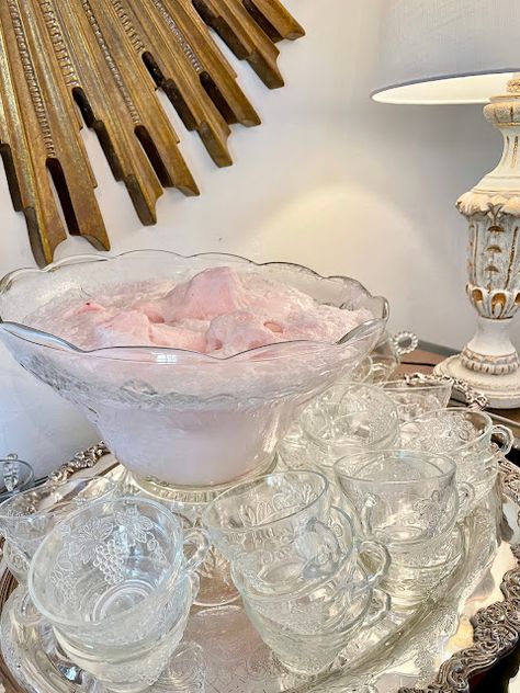 vintage punch bowl Punch Table Display, Vintage Punch Bowl Set, Punch Bowl Decorating Ideas, Vintage Punch Bowl, Edible Cups, Rainbow Sherbet, Sip And See, Cherry Limeade, Pink Punch