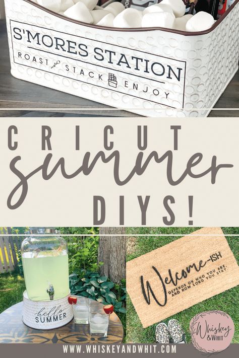 Easy Cricut Summer Outdoor DIYs | Perfect for Entertaining! ☀️ - Whiskey & Whit Whiskey & Whit, Diy Whiskey Barrel, Diy Whiskey, Whiskey Barrel Table, Door Mat Diy, Barrel Table, Pool Signs, Diy Pool, Pool Parties