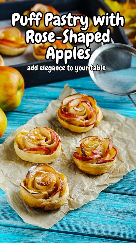 Delight in puff pastry with rose-shaped apples, a beautiful dessert that combines flaky layers and sweet, caramelized apples. Perfect for impressing guests, this apple rose tart recipe is a must-try! Rose Bakes Recipes, Rose Puff Pastry, Desserts Presentation, Fancy Desserts Presentation, Apple Rose Pastry, Rolls Rice Paper, Apple Rose Pie, Donut Dough, Savoury Pastry