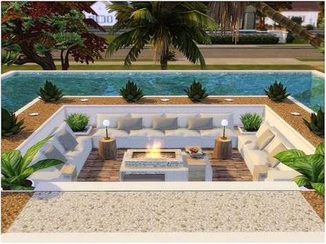 Sims 4 Houses Backyard, Sims 4 Easy House Plans, Sims House Ideas Modern, Sims 4 Sunken Living Room, Sims Decoration Ideas, Sims 4 Deck Ideas, Backyard Sims 4 Ideas, Sims 4 Cc Backyard Decor, Sims 4 Terrace Ideas