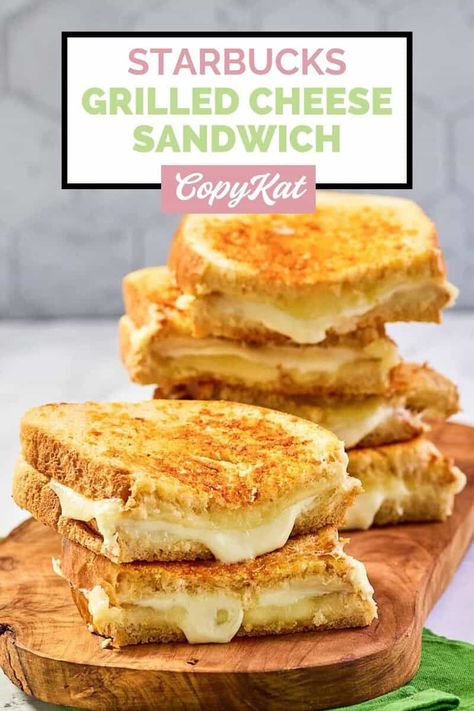 Indulge in the irresistible goodness of Starbucks Grilled Cheese Sandwich! Made with a perfect blend of sourdough bread, gooey mozzarella, and rich white cheddar cheese on the inside, and a savory butter garlic parmesan crust on the outside. This is comfort food at its finest. Get the easy copycat recipe to make the best homemade grilled cheese sandwich at home. Starbucks Grilled Cheese, Starbucks Sandwiches, Savory Butter, Crispy Grilled Cheese, Homemade Grilled Cheese, Sandwich Bread Recipes, Best Grilled Cheese, Grilled Cheese Sandwiches, Copycat Starbucks Recipes