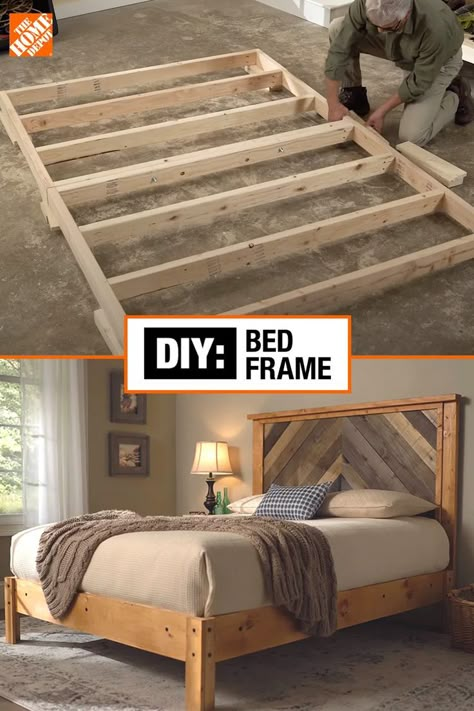 Queen Size Bed Frame Diy, Wooden Bed Frame Diy, Diy Bedroom Furniture, Diy Bed Frame Plans, King Size Bed Frame Diy, Build Bed Frame, Bed Frame Diy, Queen Bed Frame Diy, Diy King Bed