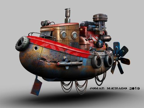 ArtStation - From my garage's window...Flying Tug Boat, Jomar Machado Garage Windows, Dieselpunk Vehicles, Boat Cartoon, Fallout Concept Art, Steampunk Airship, Flying Boat, Boat Art, Tug Boats, Steampunk Art