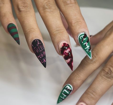 ‼️🔪 🟩 • 1, 2, Freddy’s Coming for you.. #nails #nailtech #halloween #halloweennails #nailsnailsnails #naildesigns #fall #nailporn #freddy #nightmareonelmstreet #elmstreet #halloween🎃 #halloweencostume #growth #gross #cute #viral #nailinspo #nailitdaily #nailideas Freddy Kruger Nails Short, Freddy Nails Halloween, Freddy Krueger Nails Halloween, Freddy Krueger Nail Art, Freddy Krueger Nails, Nightmare On Elm Street, Nail Tech, Halloween Nails, Fun Nails