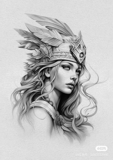 Valkyrie Tattoo Design Norse Mythology, Athena Drawing, Warrior Tattoos For Women, African Warrior Tattoos, Valkyrie Costume, Athena Tattoo, Roman Tattoo, Valkyrie Tattoo, Medusa Tattoo Design