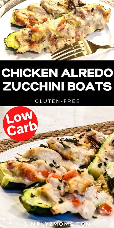 Chicken Alfredo Zucchini, Keto Chicken Alfredo, Zucchini Boat, Easy Weeknight Dinners Healthy, Zucchini Boat Recipes, Stuffed Zucchini Boats, High Protein Meal, Stuffed Zucchini, Chicken Zucchini