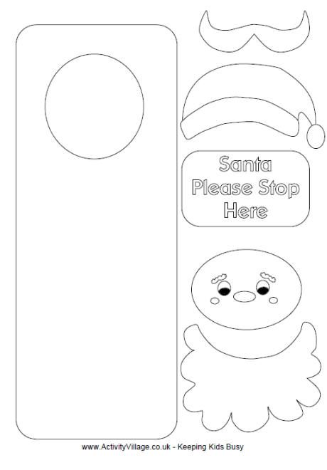 Santa Door Hangar Christmas Hangers Ideas, Felt Door Hangers, Christmas Village Template, Printable Christmas Village, Santa Puppet, Santa Door Hanger, Santa Craft, Santa Door, Activity Village